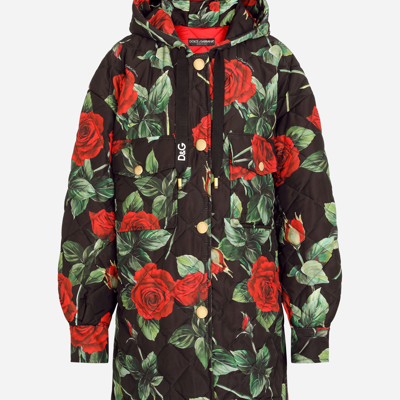 Shop Dolce & Gabbana Quilted Cordura Jacket With Rose Print And Hood In Multicolor