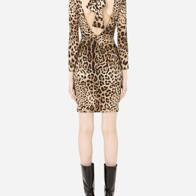Dolce & Gabbana Short Charmeuse Dress With Leopard Print And Tie In Multicolor