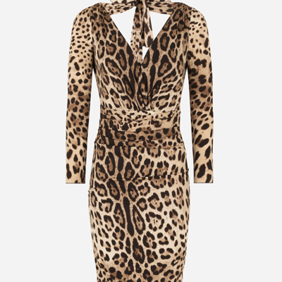 Dolce & Gabbana Short Charmeuse Dress With Leopard Print And Tie In Multicolor
