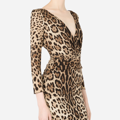 Dolce & Gabbana Short Charmeuse Dress With Leopard Print And Tie In Multicolor