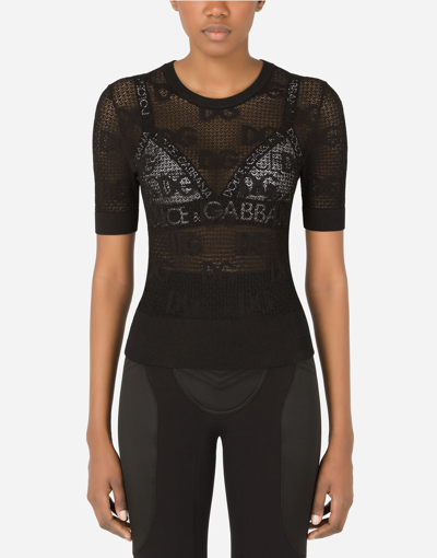 Dolce & Gabbana Short-sleeved Lace-stitch Sweater With Dg Logo In Black