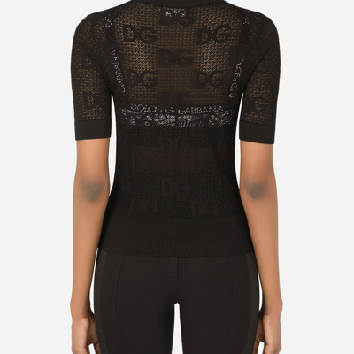 Dolce & Gabbana Short-sleeved Lace-stitch Sweater With Dg Logo In Black