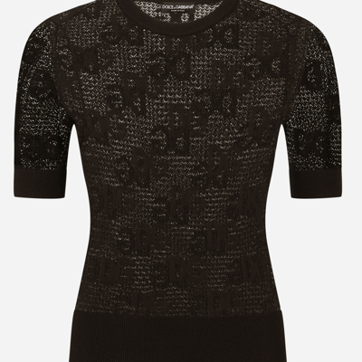 Dolce & Gabbana Short-sleeved Lace-stitch Sweater With Dg Logo In Black