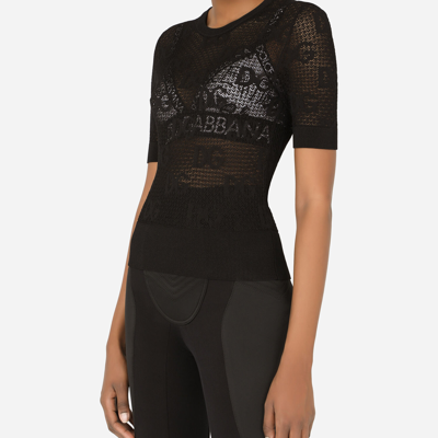 Dolce & Gabbana Short-sleeved Lace-stitch Sweater With Dg Logo In Black