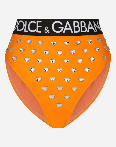 Shop Dolce & Gabbana Spandex High-waisted Briefs With Rhinestones And Branded Elastic In Orange