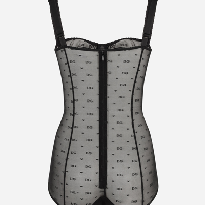 Shop Dolce & Gabbana Jacquard Tulle Balconette-bra Bodysuit In Black