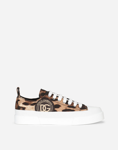 Shop Dolce & Gabbana Cotton Drill Portofino Light Sneakers With Leopard Print And Dg Logo In Animal Print