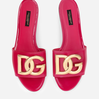 Shop Dolce & Gabbana Patent Leather Sliders With Dg Logo In Fuchsia