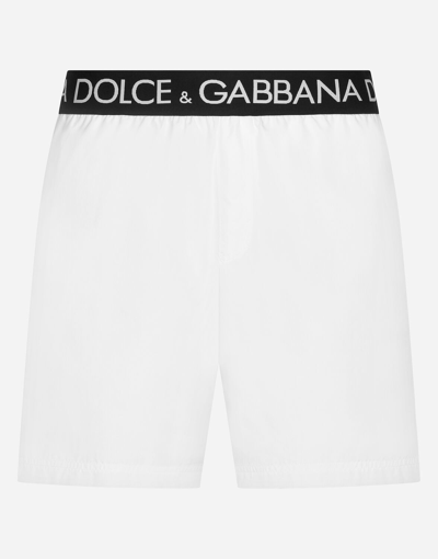Shop Dolce & Gabbana Mid-length Swim Trunks With Branded Stretch Waistband In White