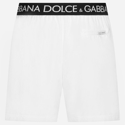 Shop Dolce & Gabbana Mid-length Swim Trunks With Branded Stretch Waistband In White