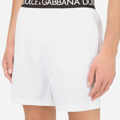 Shop Dolce & Gabbana Mid-length Swim Trunks With Branded Stretch Waistband In White