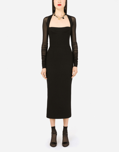 Shop Dolce & Gabbana Sable Calf-length Dress With Tulle Sleeves In Black