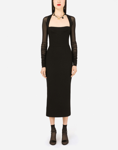 Dolce & Gabbana Sable Calf-length Dress With Tulle Sleeves In Black