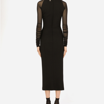 Shop Dolce & Gabbana Sable Calf-length Dress With Tulle Sleeves In Black