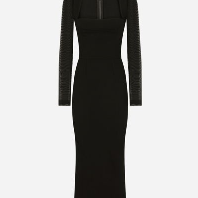 Shop Dolce & Gabbana Sable Calf-length Dress With Tulle Sleeves In Black