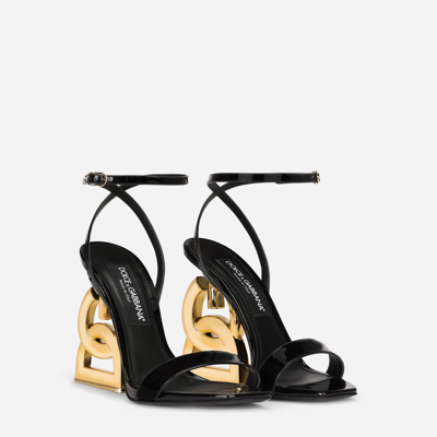 Shop Dolce & Gabbana Patent Leather Sandals With Dg Pop Heel In Black