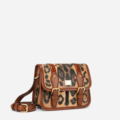Dolce & Gabbana Small Messenger Bag In Leopard-print Crespo With Branded Plate In Multicolor