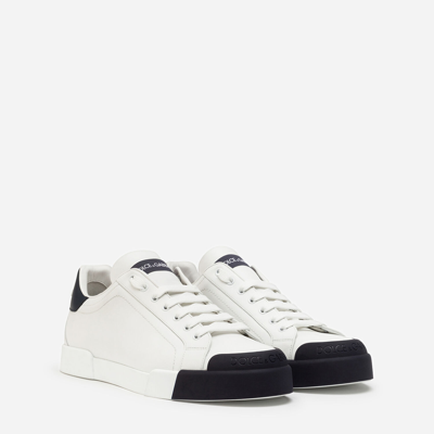 Shop Dolce & Gabbana Calfskin Nappa Portofino Sneakers With Rubber Toe In White/blue