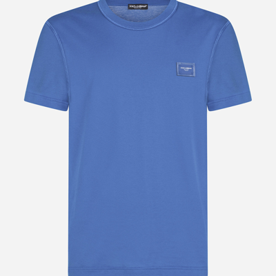 Shop Dolce & Gabbana Cotton T-shirt With Logoed Plaque In Turquoise