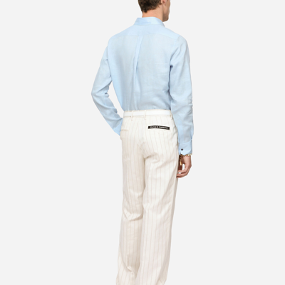 Shop Dolce & Gabbana Linen Martini-fit Shirt With Dg Embroidery In Azure