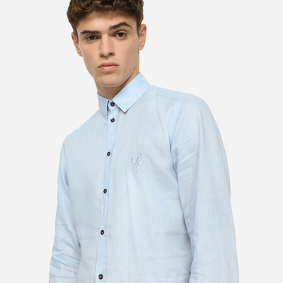 Shop Dolce & Gabbana Linen Martini-fit Shirt With Dg Embroidery In Azure