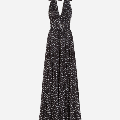 Shop Dolce & Gabbana Long Dress In Polka-dot Print Chiffon In Black