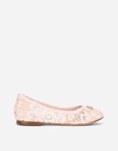 Shop Dolce & Gabbana Lace Ballet Flats With Rhinestone Dg Logo In Pink