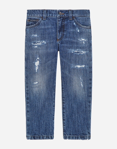 Dolce & Gabbana Kids' Petrol Blue Regular-fit Stretch Jeans With Abrasions  | ModeSens