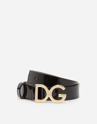 Shop Dolce & Gabbana Patent Leather Belt With Dg Buckle In Black