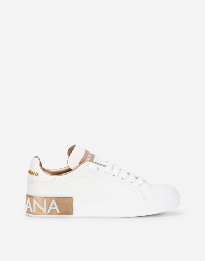 Dolce & Gabbana Portofino White And Gold Low Top Sneakers With Logo In Leather Woman In Gold