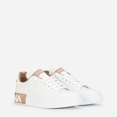 Dolce & Gabbana Portofino White And Gold Low Top Sneakers With Logo In Leather Woman In Gold