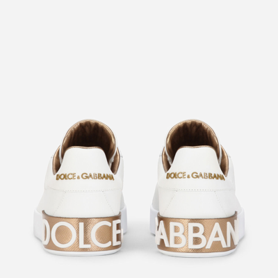 Dolce & Gabbana Portofino White And Gold Low Top Sneakers With Logo In Leather Woman In Gold