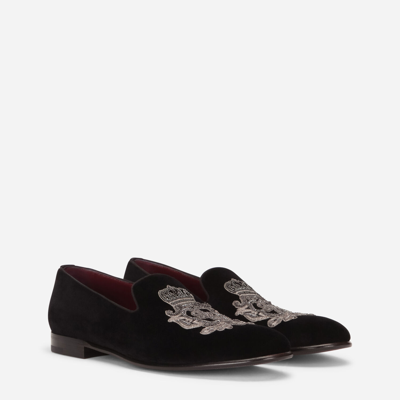 Shop Dolce & Gabbana Velvet Slippers With Coat Of Arms Embroidery In Black/silver