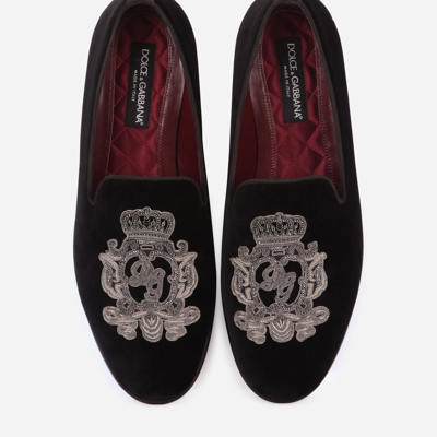 Shop Dolce & Gabbana Velvet Slippers With Coat Of Arms Embroidery In Black/silver