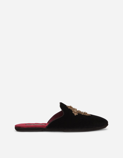 Shop Dolce & Gabbana Velvet Slippers With Cross Embroidery In Black