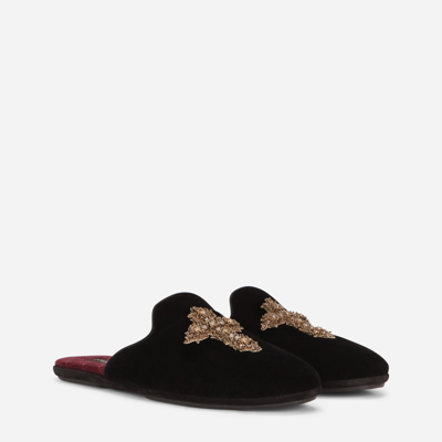 Shop Dolce & Gabbana Velvet Slippers With Cross Embroidery In Black