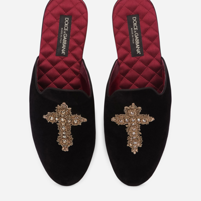 Dolce & Gabbana Green Velvet Cross Embellished Slippers Shoes In Black