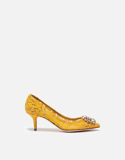 Shop Dolce & Gabbana Lace Rainbow Pumps With Brooch Detailing In Yellow