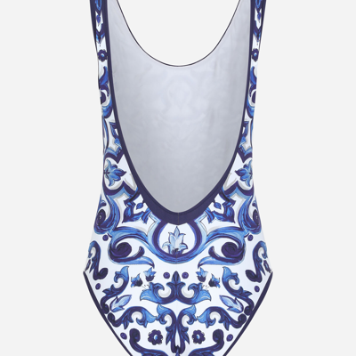Shop Dolce & Gabbana Majolica-print Racing Swimsuit In Multicolor