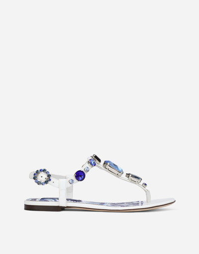 Shop Dolce & Gabbana Patent Leather Thong Sandals With Embroidery In White