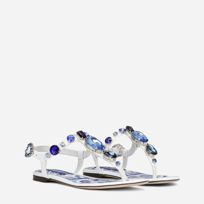 Dolce & Gabbana Patent Leather Thong Sandals With Embroidery In White
