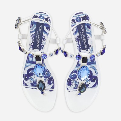 Shop Dolce & Gabbana Patent Leather Thong Sandals With Embroidery In White