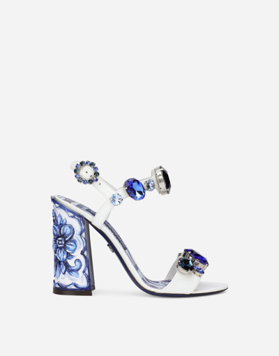 Dolce & Gabbana Patent Leather Sandals With Embroidery And Painted Heel In White