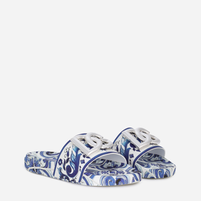 Dolce & Gabbana Calfskin Beachwear Sliders In Majolica-design Rubberized Calfskin In Multicolor