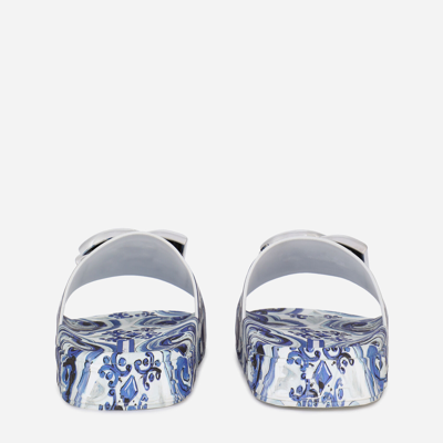 Dolce & Gabbana Calfskin Beachwear Sliders In Majolica-design Rubberized Calfskin In Multicolor
