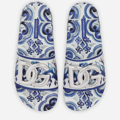 Dolce & Gabbana Calfskin Beachwear Sliders In Majolica-design Rubberized Calfskin In Multicolor