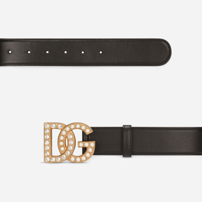 Dolce & Gabbana Calfskin Belt With Bejeweled Dg Logo In Multicolor