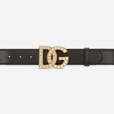Dolce & Gabbana Calfskin Belt With Bejeweled Dg Logo In Multicolor