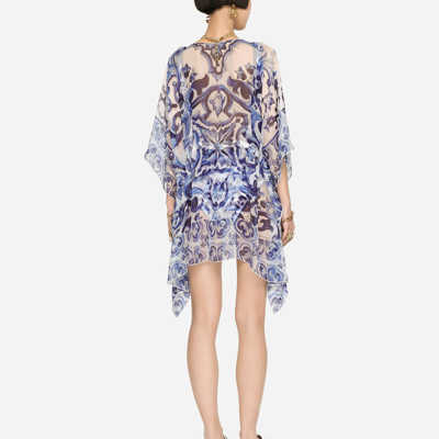 Dolce & Gabbana Short Majolica-print Chiffon Caftan In Multicolor