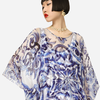 Dolce & Gabbana Short Majolica-print Chiffon Caftan In Multicolor